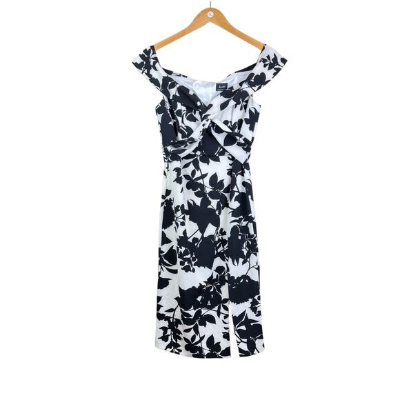 Bardot Black & White Floral Print Off the Shoulder Side Slit Midi Cocktail Dress - Picture 8 of 11